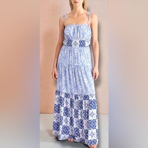 EXPRESS NWT $98 Floral Square Neck Sleeveless Tie Shoulder Tiered Maxi Dress XS